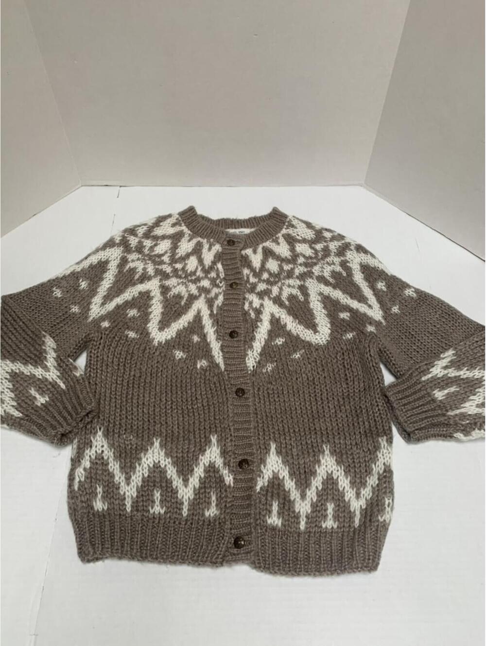 Vintage Knit Mania Hand Knit Taupe Cream Fair Isle Heavy Cardigan Sweater Small